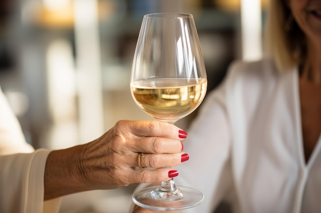 Close-up de uma mulher segurando um copo de vinho branco