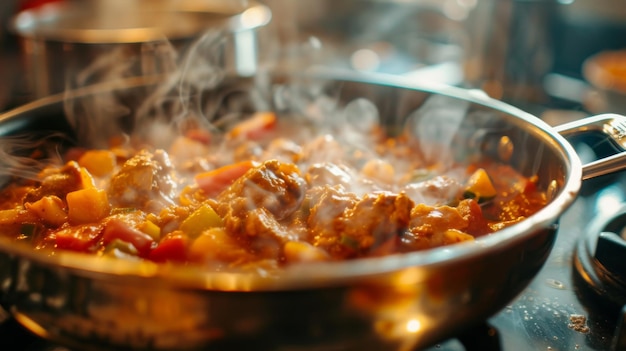 Close-up de uma panela borbulhante de curry frito fervendo no fogão prometendo uma refeição saborosa à frente