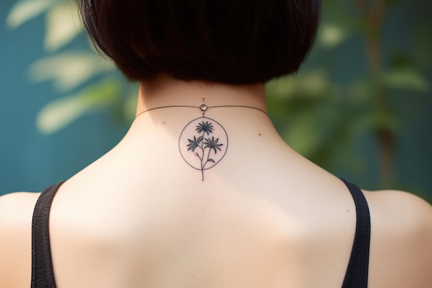 Close-up de uma pequena tatuagem de flor de nightshade dentro de um círculo na parte de trás do pescoço de uma mulher Um design delicado e feminino