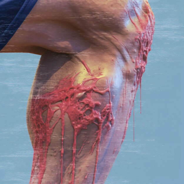 Foto close-up de uma perna dobrada mostrando um muscular