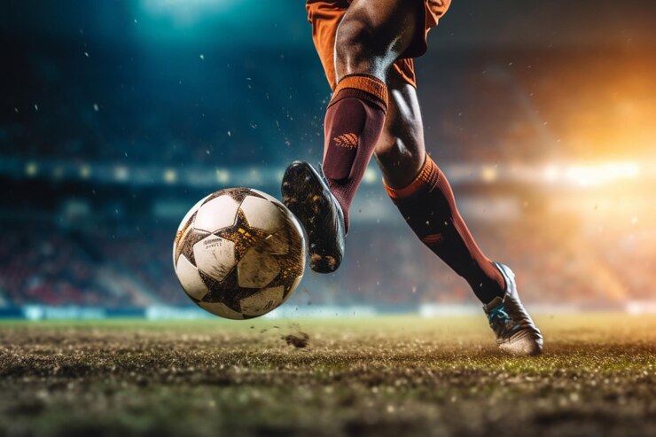 Close-up de uma perna em uma bota chutando bola de futebol jogador de futeball profissional bate com força feroz