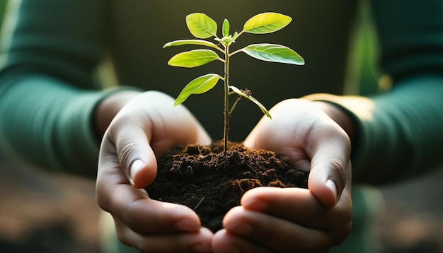 Close-up de uma pessoa alimentando uma pequena planta com o solo nas mãos, aprimorada pela IA generativa