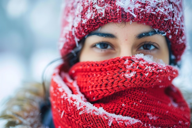 Close-up de uma pessoa com neve em seus olhos de tricô vermelho transmitindo calor no frio