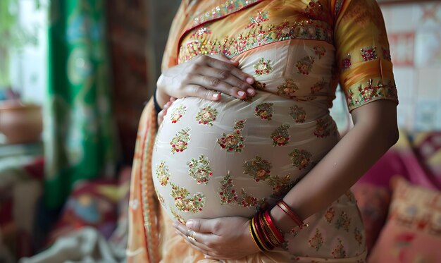 Close-up de uma pessoa irreconhecível da barriga de uma mulher grávida cercada por suas duas mãos