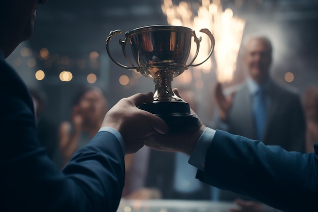 Close-up de uma pessoa recebendo um troféu como um ai generativo