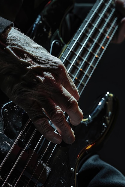 Foto close-up de uma pessoa tocando uma guitarra baixo ideal para projetos relacionados à música