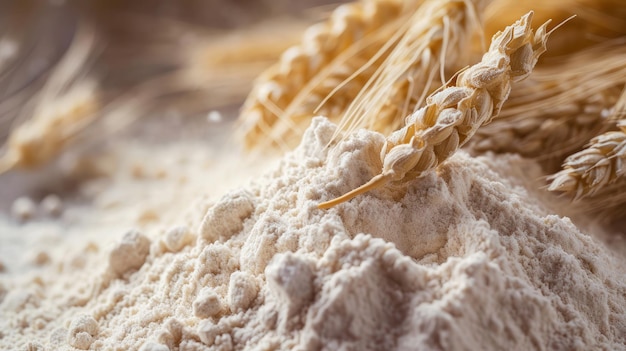 Foto close-up de uma pilha de farinha e espigas de trigo após a peneiração conceito de farinha