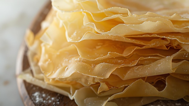 Foto close-up de uma pilha de folhas de pasta de ovo feitas à mão a pasta é ligeiramente enrugada e salpicada de farinha