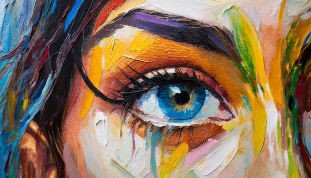 Close-up de uma pintura a óleo de olho azul humano de uma parte do corpo