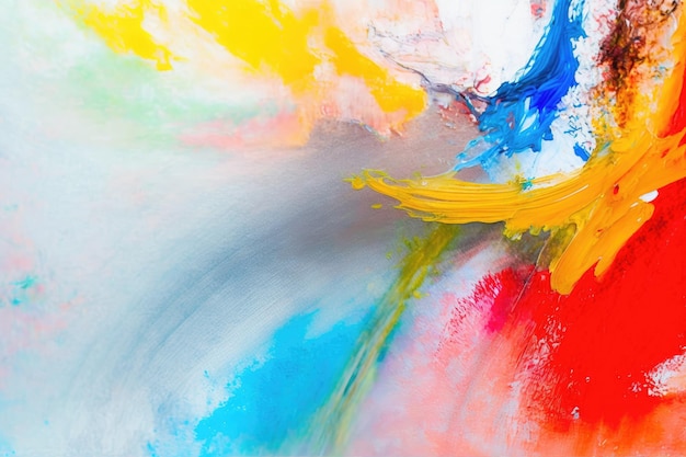Close-up de uma pintura abstrata vibrante na tela usando uma variedade de pincéis