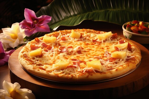 Foto close-up de uma pizza havaiana com fatias de frango grelhado