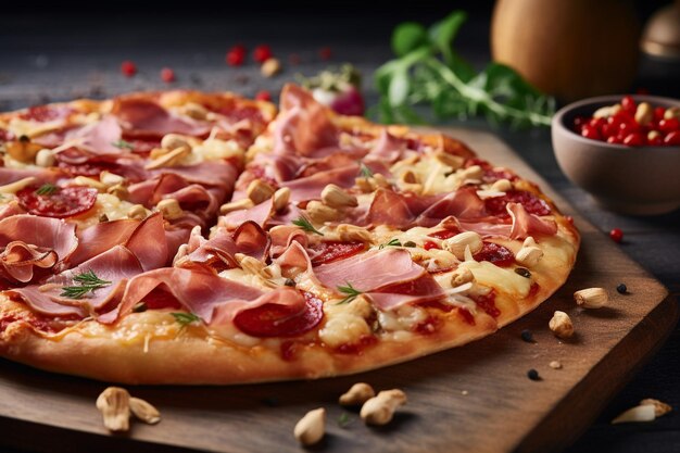 Foto close-up de uma pizza havaiana com fatias de frango grelhado