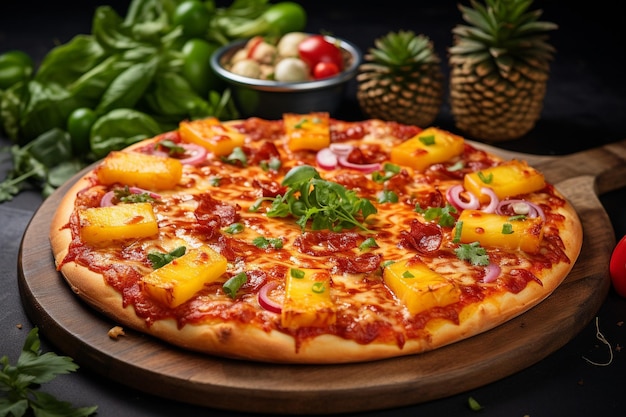 Close-up de uma pizza havaiana com fatias de frango grelhado