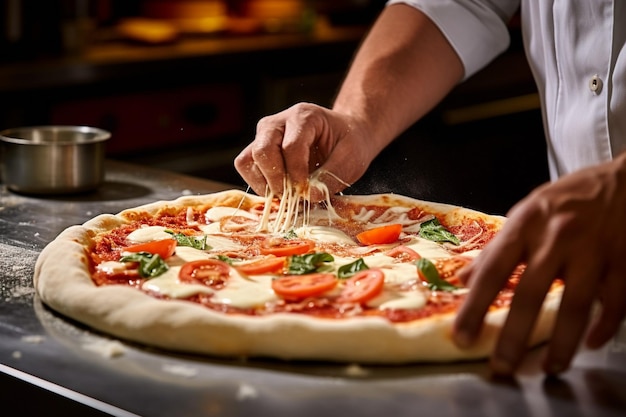 Close-up de uma pizza sendo feita com coberturas únicas