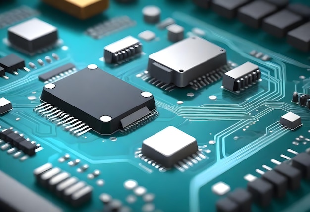 Close-up de uma placa de circuito eletrônico com microchips e componentes