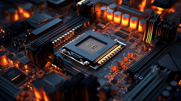 Close-up de uma placa-mãe de computador com CPU e circuitos iluminados