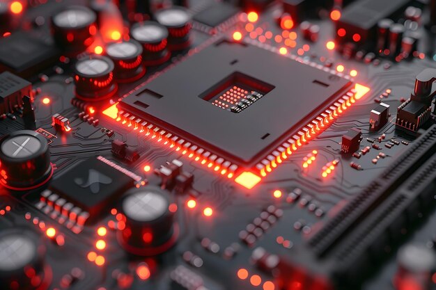 Foto close up de uma placa-mãe de computador com luzes vermelhas ia geradora