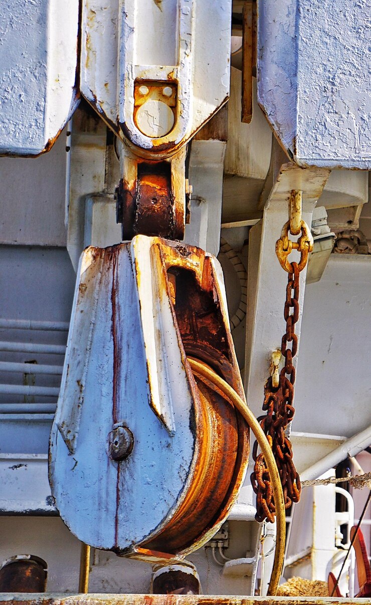 Foto close-up de uma pole enferrujada em um barco