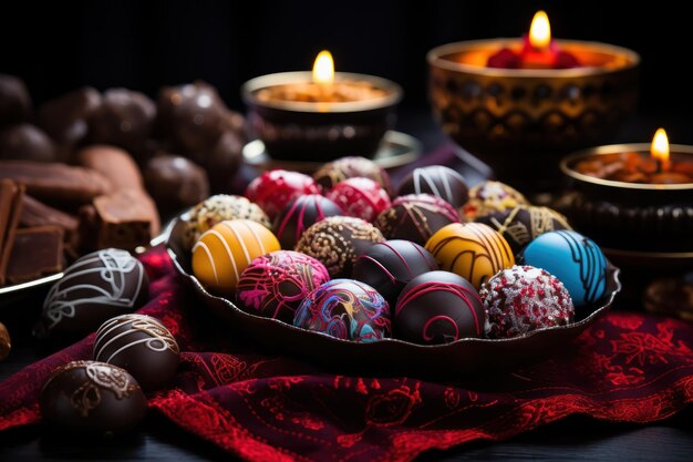 Close-up de uma propagação de férias com chocolates ricos e doces coloridos em arranjos artísticos imagens felizes de Natal