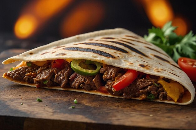 Close-up de uma quesadilla de carne com g