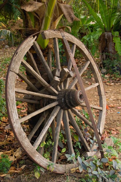 Foto close-up de uma roda abandonada no campo