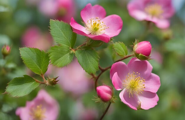 Close-up de uma rosa de cão Rosa canina com folhas verdes no verão