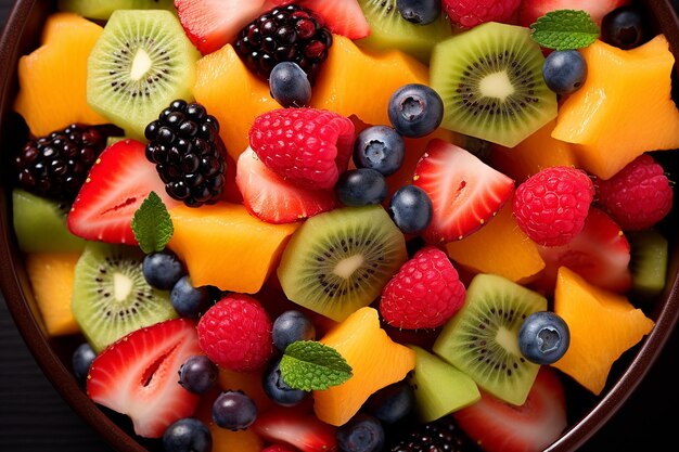 Close-up de uma salada de frutas colorida com uma variedade de bagas melão e uvas