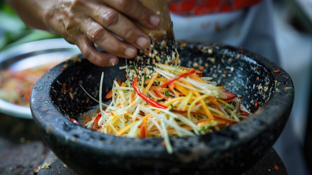 Foto close-up de uma salada de papaia tailandesa sendo misturada em um morteiro e pestilha tradicional misturando sabores picantes, ácidos e doces harmoniosamente
