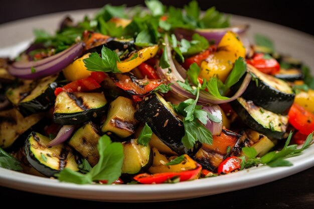 Foto close-up de uma salada de vegetais grelhados com berinjela de abóbora e pimentas