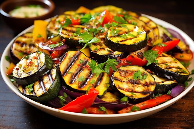 Foto close-up de uma salada de vegetais grelhados com berinjela de abóbora e pimentas