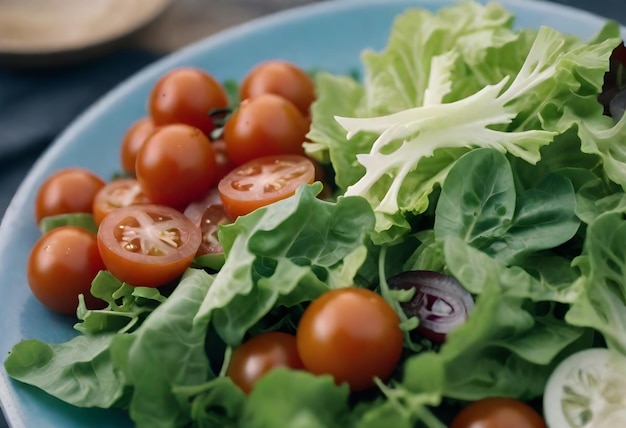 Close-up de uma salada fresca com tomates cereja alface e várias verduras em uma tigela azul