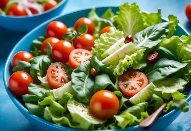 Close-up de uma salada fresca com tomates cereja alface e várias verduras em uma tigela azul
