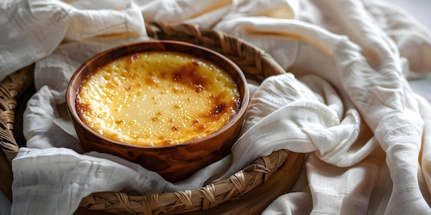 Close-up de uma sobremesa Crema Catalana em uma bandeja de madeira com uma toalha de mesa de linho branco Conceito Fotografia de alimentos Apresentação de sobremesa de cozinha espanhola Taba de madeira Close-up Shot