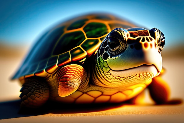 Close-up de uma tartaruga bonita em um dia ensolarado Postprocessado
