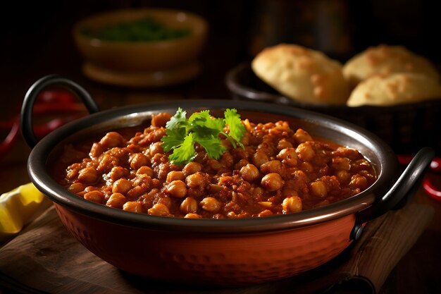 Foto close-up de uma tigela de chana masala picante