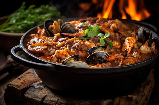 Foto close-up de uma tigela de guisado de cioppino com frutos do mar variados em caldo de tomate