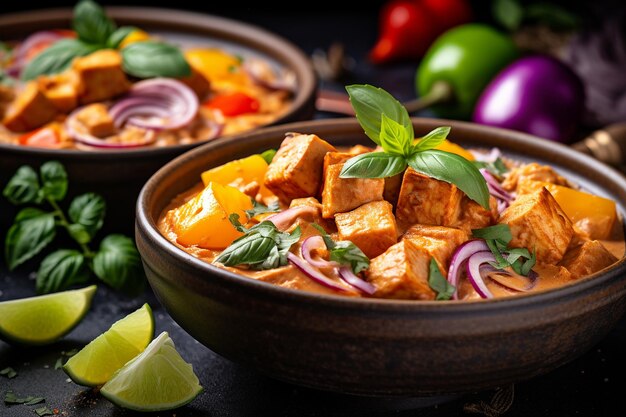 Close up de uma tigela de macarrão cremoso de coco com tofu e legumes