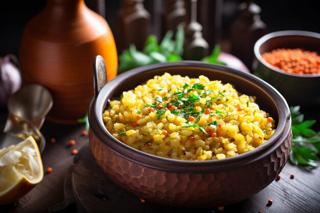 Foto close up de uma tigela de masoor dal picante com lentilhas vermelhas e alho temperado