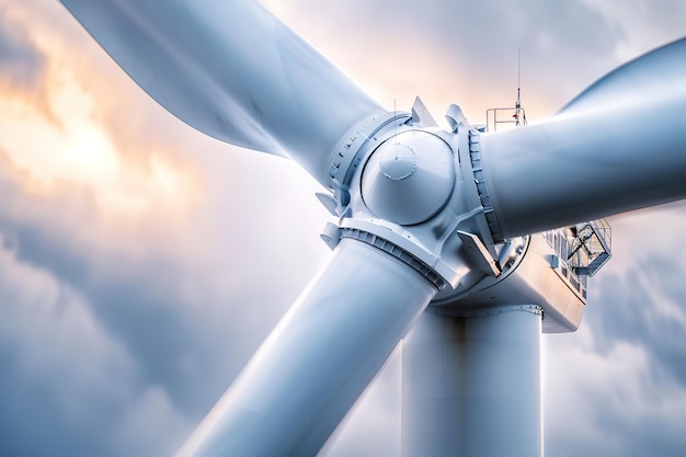 Close-up de uma turbina eólica contra um céu nublado mostrando geração de energia sustentável