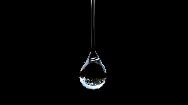 Foto close-up de uma única gota de água pendurada de um fio fino contra um fundo preto