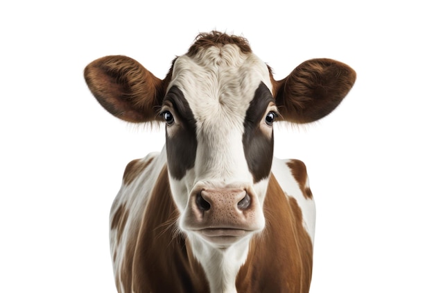 Close-up de uma vaca marrom e branca com manchas pretas e uma mancha preta no rosto