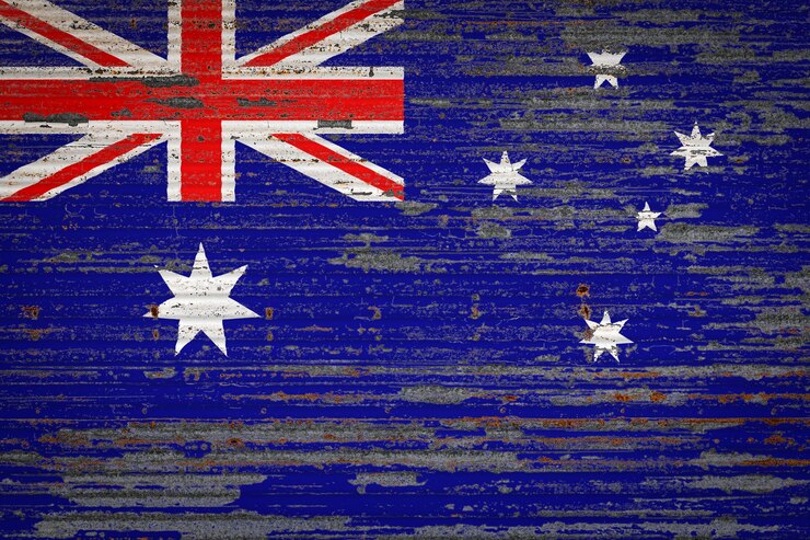 Foto close-up de uma velha parede metálica com a bandeira nacional da austrália conceito da austrália de armazenamento de mercadorias de exportação e importação e entrega nacional de mercadorias bandeira em estilo grunge