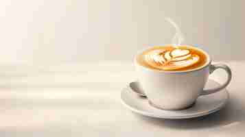 Foto close-up de uma xícara de café em um fundo branco o café é coberto com uma camada de espuma com um desenho em forma de coração