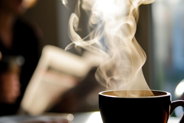 Foto close-up de vapor de café desfocado pessoa lendo jornal atrás