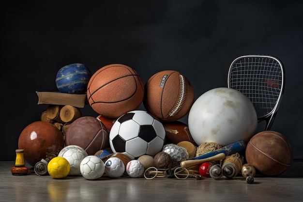 close-up de várias bolas e elementos esportivos em fundo escuro
