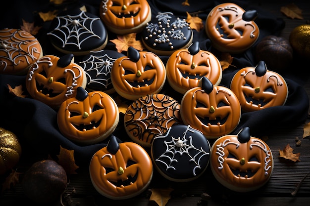 Close-up de variedades de teia de aranha de Halloween e conceito de feriado de biscoitos de abóbora