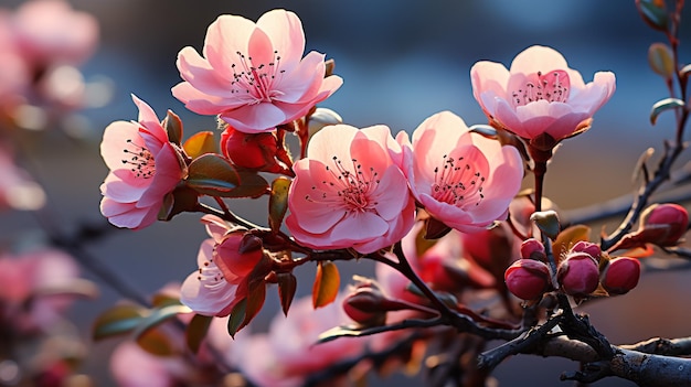 Foto close-up de una delicada rama de flor de cerezo con flores rosadas contra un fondo rosado y azul con espacio para el texto en la naturaleza de primavera