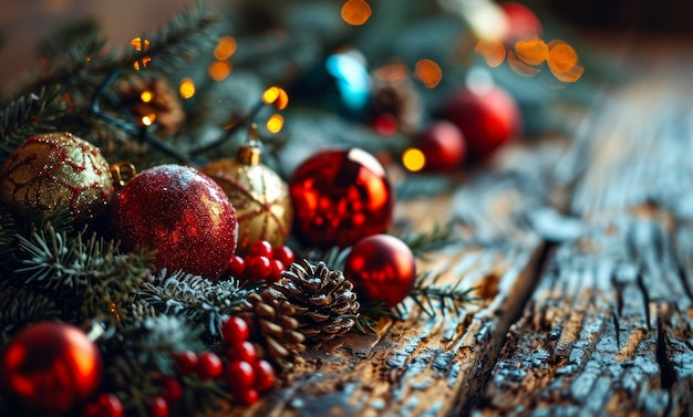 Foto close-up der weihnachtsdekorationen auf dem tisch eine detaillierte ansicht der verschiedenen festlichen ornamente und dekorationen, die für weihnachten auf einer tischplatte angeordnet sind
