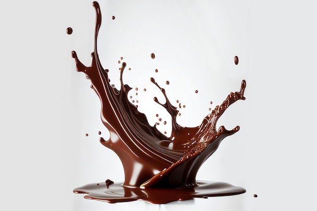 Close-up derramando respingos de coroa de chocolate líquido em uma piscina de chocolate com vista lateral de ondulações circulares