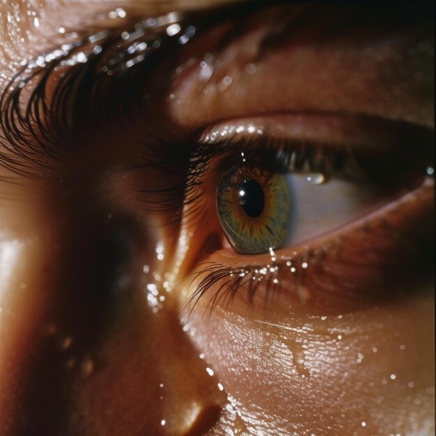 Foto close-up detalhado de um olho repleto de lágrimas destacando a emoção humana crua
